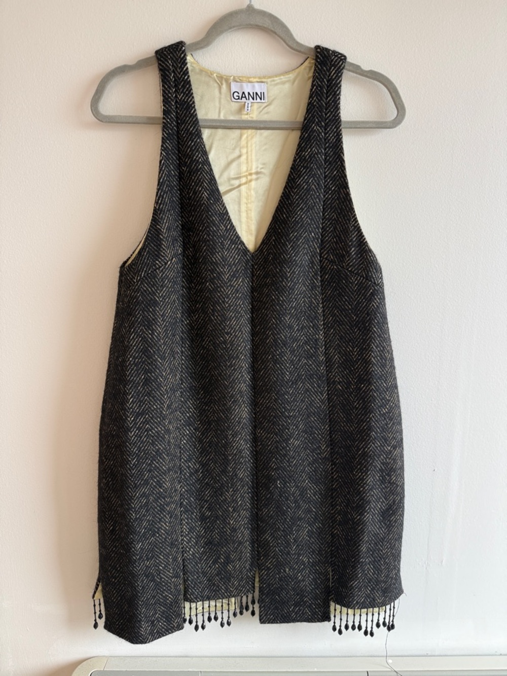 Ganni Black Herringbone V-Neck Beaded Hem Dress